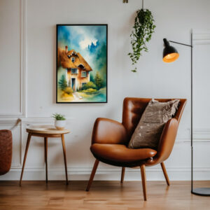 Mystisches Haus in der Natur in Mitten eines Waldes. Aquarellbild digital erstellt.