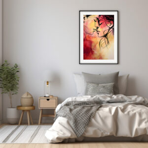 Digital erstelltes Aquarell-Kunstwerk, das ein Liebespaar zeigt. Die Farben sind in rot und gelb gehalten, das Paar in schwarzer Lineart.