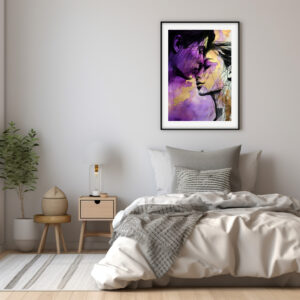 Digital erstelltes Aquarell-Kunstwerk, das ein Liebespaar zeigt. Die Farben sind in lila und gold gehalten, das Paar in schwarzer Lineart.