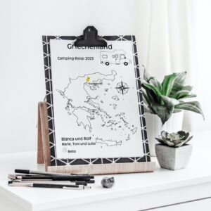 Reiseposter mit dem Umriss von Griechenland, individuell anpassbar mit Passendem Reisefahrzeug, Jahr und Namen der Teilnehmer