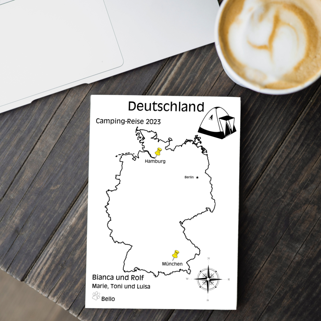 Reiseposter mit dem Umriss von Deutschland, individuell anpassbar mit Passendem Reisefahrzeug, Jahr und Namen der Teilnehmer