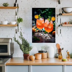 Poster Fotografie zwei Gläser, gefüllt mit Aperol Spritz mit Minze und Orange. Eiswürfel spritzen den Inhalt auf den Tisch