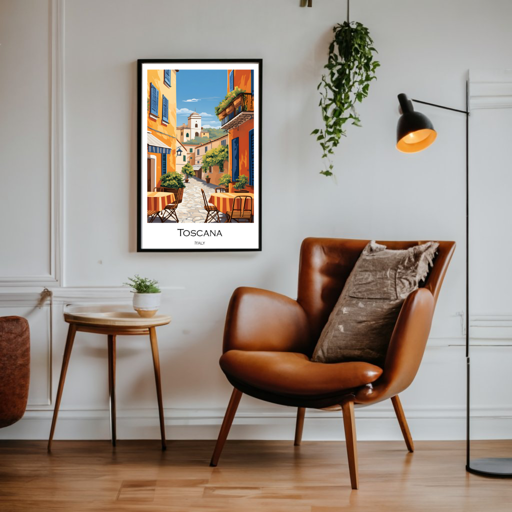 Travel Poster zeigt ein Strassencafe in einer kleinen italienischen Stadt in der Toscana. Ein buntes Bild in den typischen Farben der Toscana.