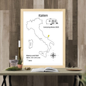 Reiseposter mit dem Umriss von Italien, individuell anpassbar mit Passendem Reisefahrzeug, Jahr und Namen der Teilnehmer