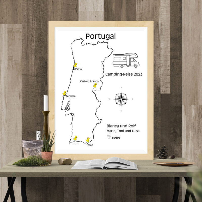 Reiseposter mit dem Umriss von Portugal, individuell anpassbar mit Passendem Reisefahrzeug, Jahr und Namen der Teilnehmer