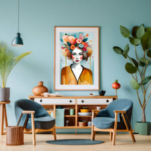 Frauenkopf mit Blumen im Haar, Boho Kunstdruck zum Download. Schöne Wall Art im Boho Stil für Zuhause oder Büro