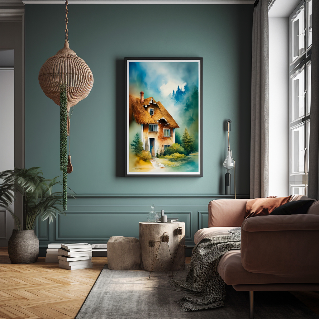 Mystisches Haus in der Natur in Mitten eines Waldes. Aquarellbild digital erstellt.