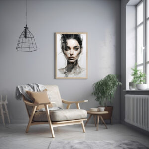 Ein Portrait in schwarz/weiß und Sandtönen. Digital erstelltes Aquarell Kunstwerk.