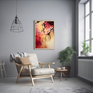 Digital erstelltes Aquarell-Kunstwerk, das ein Liebespaar zeigt. Die Farben sind in rot und gelb gehalten, das Paar in schwarzer Lineart.