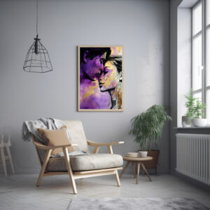 Digital erstelltes Aquarell-Kunstwerk, das ein Liebespaar zeigt. Die Farben sind in lila und gold gehalten, das Paar in schwarzer Lineart.