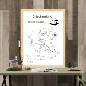 Reiseposter mit dem Umriss von Griechenland, individuell anpassbar mit Passendem Reisefahrzeug, Jahr und Namen der Teilnehmer