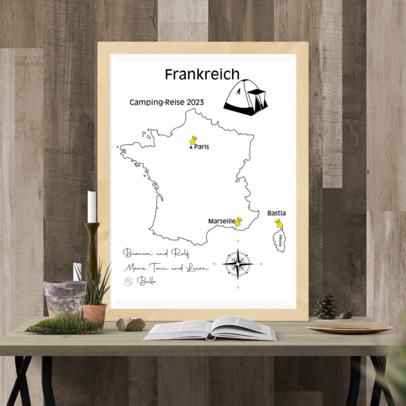 Reiseposter mit dem Umriss von Frankreich, individuell anpassbar mit Passendem Reisefahrzeug, Jahr und Namen der Teilnehmer
