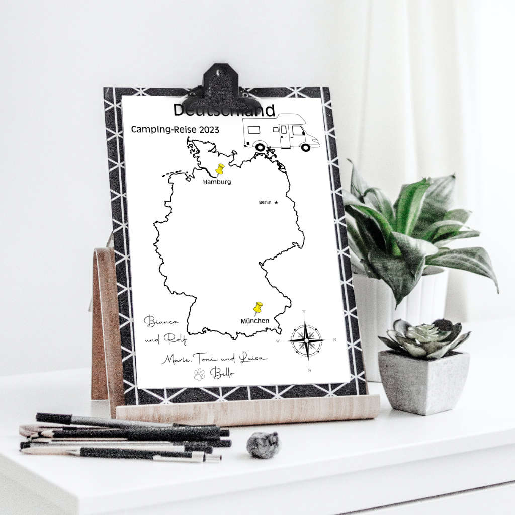 Reiseposter mit dem Umriss von Deutschland, individuell anpassbar mit Passendem Reisefahrzeug, Jahr und Namen der Teilnehmer