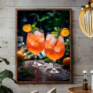 Poster Fotografie zwei Gläser, gefüllt mit Aperol Spritz mit Minze und Orange. Eiswürfel spritzen den Inhalt auf den Tisch
