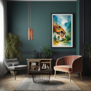 Mystisches Haus in der Natur in Mitten eines Waldes. Aquarellbild digital erstellt.