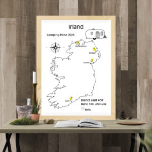 Reiseposter mit dem Umriss von Irland, individuell anpassbar mit Passendem Reisefahrzeug, Jahr und Namen der Teilnehmer