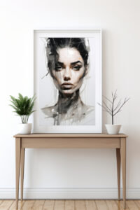 Ein Portrait in schwarz/weiß und Sandtönen. Digital erstelltes Aquarell Kunstwerk.