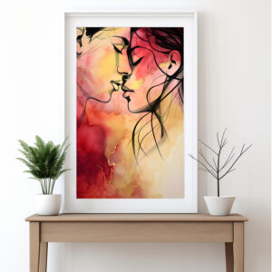 Digital erstelltes Aquarell-Kunstwerk, das ein Liebespaar zeigt. Die Farben sind in rot und gelb gehalten, das Paar in schwarzer Lineart.