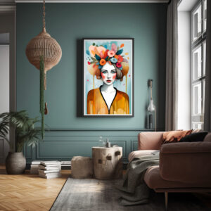 Frauenkopf mit Blumen im Haar, Boho Kunstdruck zum Download. Schöne Wall Art im Boho Stil für Zuhause oder Büro