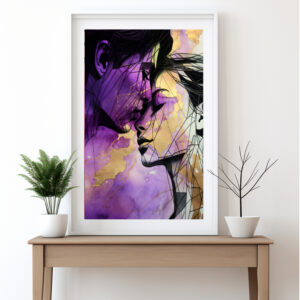 Digital erstelltes Aquarell-Kunstwerk, das ein Liebespaar zeigt. Die Farben sind in lila und gold gehalten, das Paar in schwarzer Lineart.