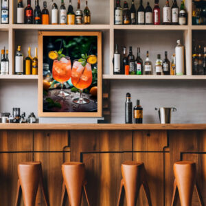 Poster Fotografie zwei Gläser, gefüllt mit Aperol Spritz mit Minze und Orange. Eiswürfel spritzen den Inhalt auf den Tisch