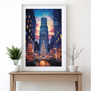 Travel Poster New York Rockefeller Center in Abendstimmung. Blick auf den Weihnachtsbaum vor dem Rockefeller Center.