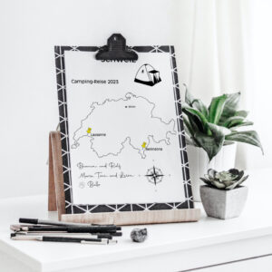 Reiseposter mit dem Umriss von Spanien, individuell anpassbar mit Passendem Reisefahrzeug, Jahr und Namen der Teilnehmer