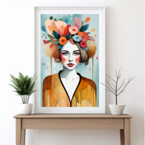 Frauenkopf mit Blumen im Haar, Boho Kunstdruck zum Download. Schöne Wall Art im Boho Stil für Zuhause oder Büro