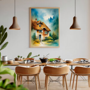 Mystisches Haus in der Natur in Mitten eines Waldes. Aquarellbild digital erstellt.