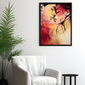 Digital erstelltes Aquarell-Kunstwerk, das ein Liebespaar zeigt. Die Farben sind in rot und gelb gehalten, das Paar in schwarzer Lineart.