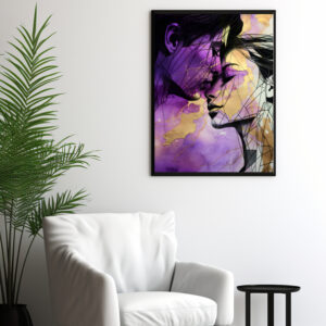 Digital erstelltes Aquarell-Kunstwerk, das ein Liebespaar zeigt. Die Farben sind in lila und gold gehalten, das Paar in schwarzer Lineart.