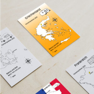 Reiseposter mit dem Umriss von Griechenland, individuell anpassbar mit Passendem Reisefahrzeug, Jahr und Namen der Teilnehmer