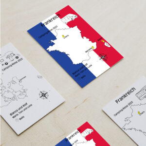 Reiseposter mit dem Umriss von Frankreich, individuell anpassbar mit Passendem Reisefahrzeug, Jahr und Namen der Teilnehmer