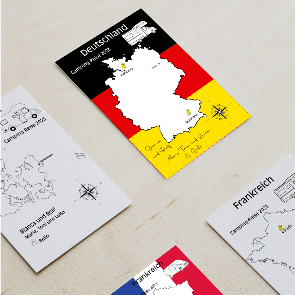 Reiseposter mit dem Umriss von Deutschland, individuell anpassbar mit Passendem Reisefahrzeug, Jahr und Namen der Teilnehmer