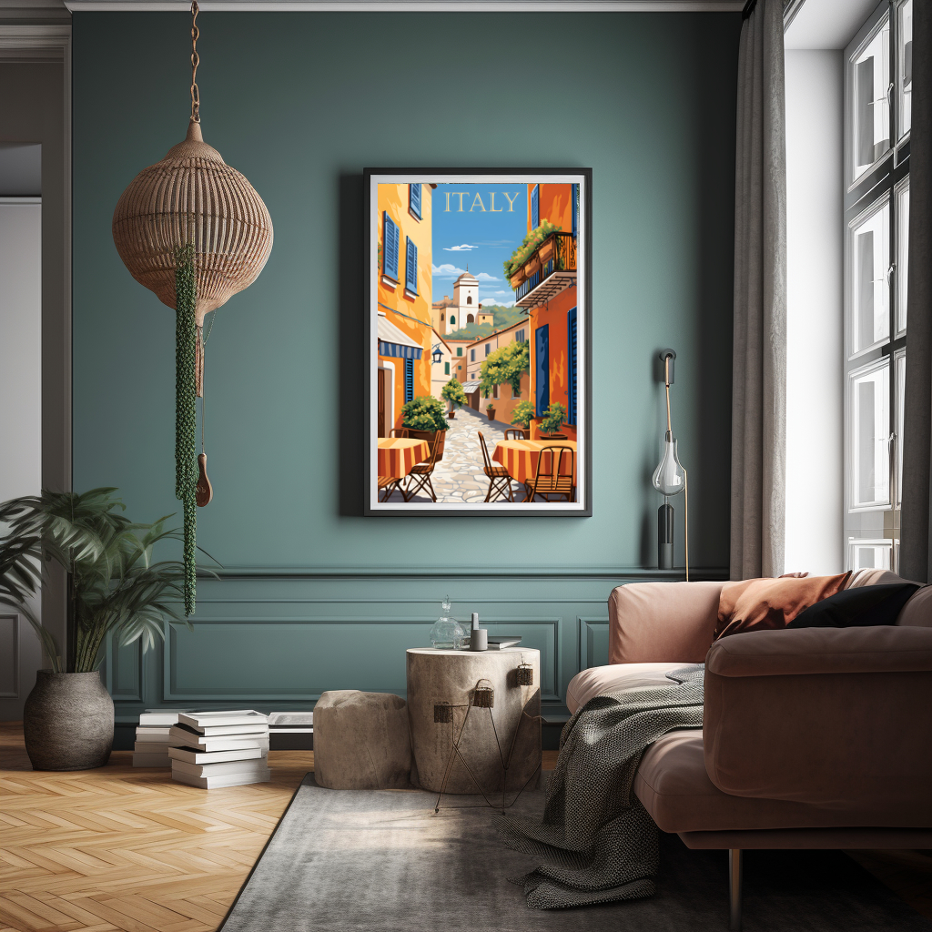 Travel Poster zeigt ein Strassencafe in einer kleinen italienischen Stadt in der Toscana. Ein buntes Bild in den typischen Farben der Toscana.