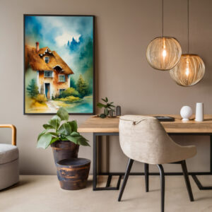 Mystisches Haus in der Natur in Mitten eines Waldes. Aquarellbild digital erstellt.