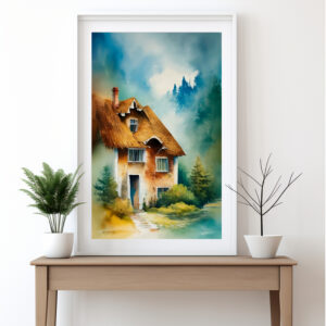 Mystisches Haus in der Natur in Mitten eines Waldes. Aquarellbild digital erstellt.