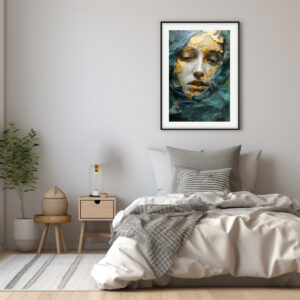 Mixed Media Kunst Collage Portrait einer Frau in blau und Gold