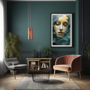 Mixed Media Kunst Collage Portrait einer Frau in blau und Gold