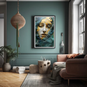 Mixed Media Kunst Collage Portrait einer Frau in blau und Gold