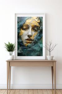 Mixed Media Kunst Collage Portrait einer Frau in blau und Gold