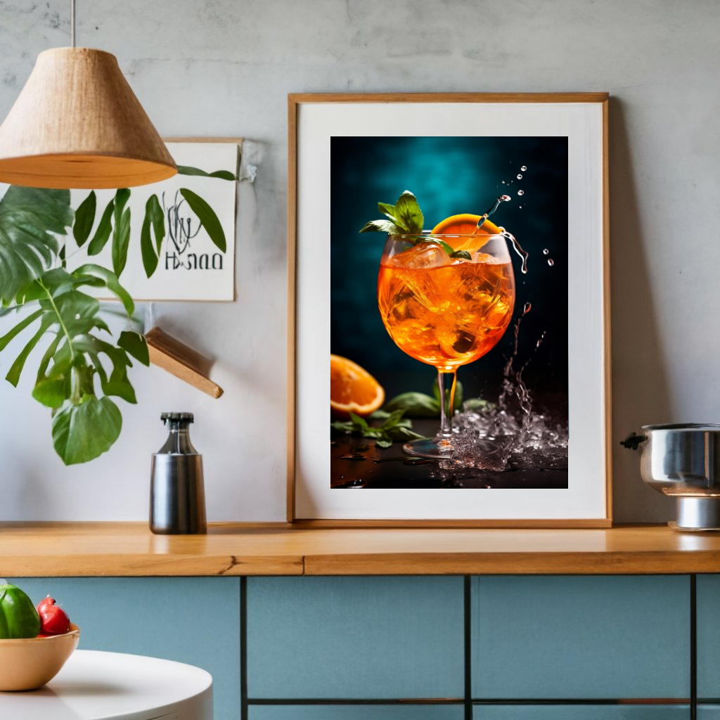 Poster Fotografie eines Glases, gefüllt mit Aperol Spritz mit Minze und Orange.