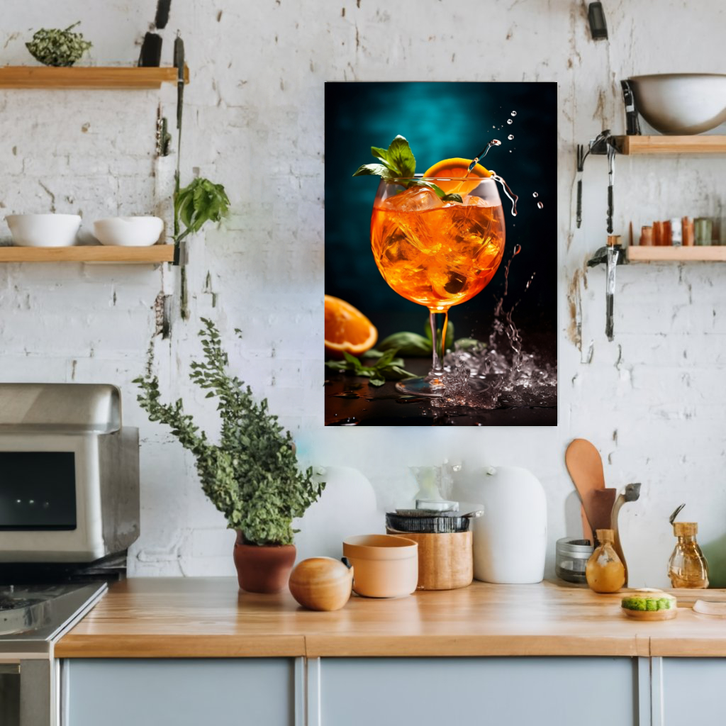 Poster Fotografie eines Glases, gefüllt mit Aperol Spritz mit Minze und Orange.