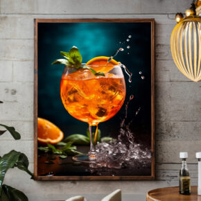 Poster Fotografie eines Glases, gefüllt mit Aperol Spritz mit Minze und Orange.