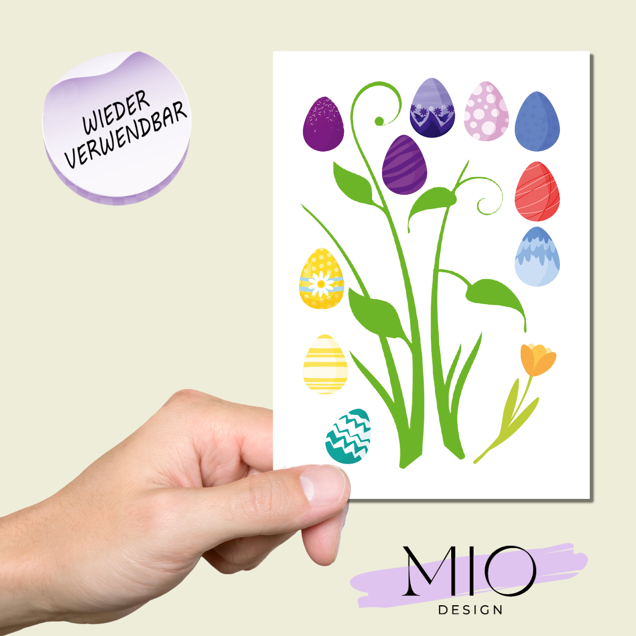 Osterdeko Fensterbild. Selbsthaftende bunte Ostereier und Rankepflanze zum Anbringen auf das Fenster oder andere glatten Oberflächen