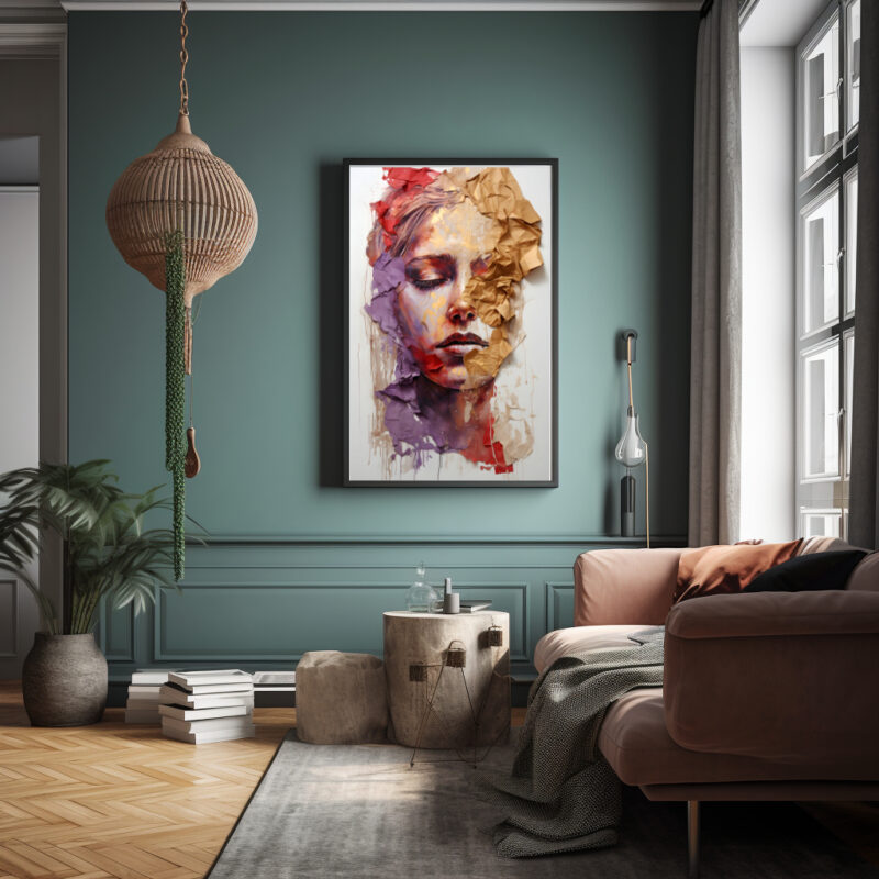 Kunstcollage Portrait Lady in red and gold als digitaler Kunstdruck zum Download