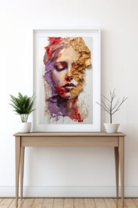 Kunstcollage Portrait Lady in red and gold als digitaler Kunstdruck zum Download