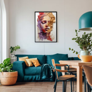 Kunstcollage Portrait Lady in red and gold als digitaler Kunstdruck zum Download