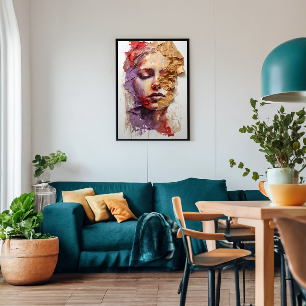 Kunstcollage Portrait Lady in red and gold als digitaler Kunstdruck zum Download