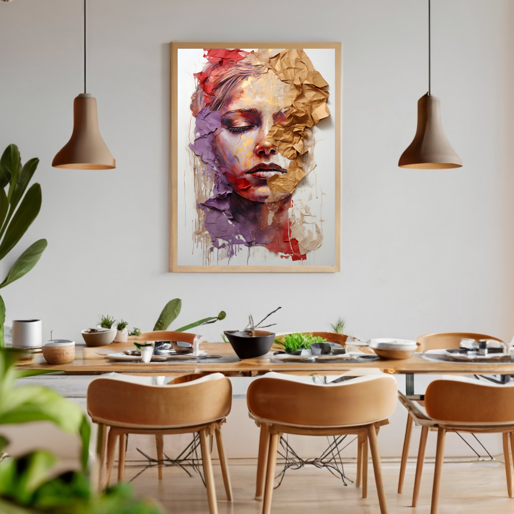 Kunstcollage Portrait Lady in red and gold als digitaler Kunstdruck zum Download